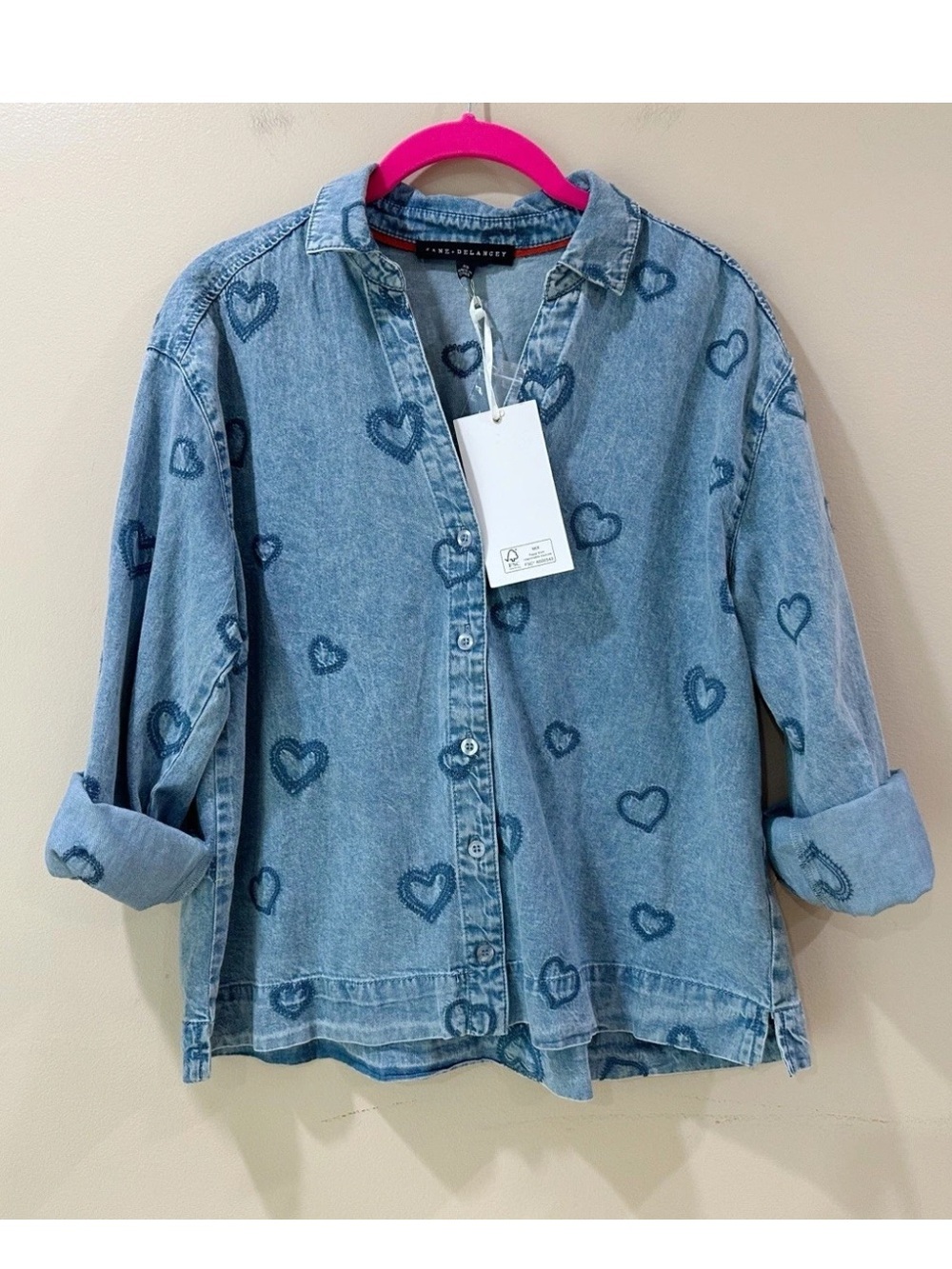 NWT Jane And Delancey Women XS Boxy Shirt Heart Embroidery Blue Chambray Button